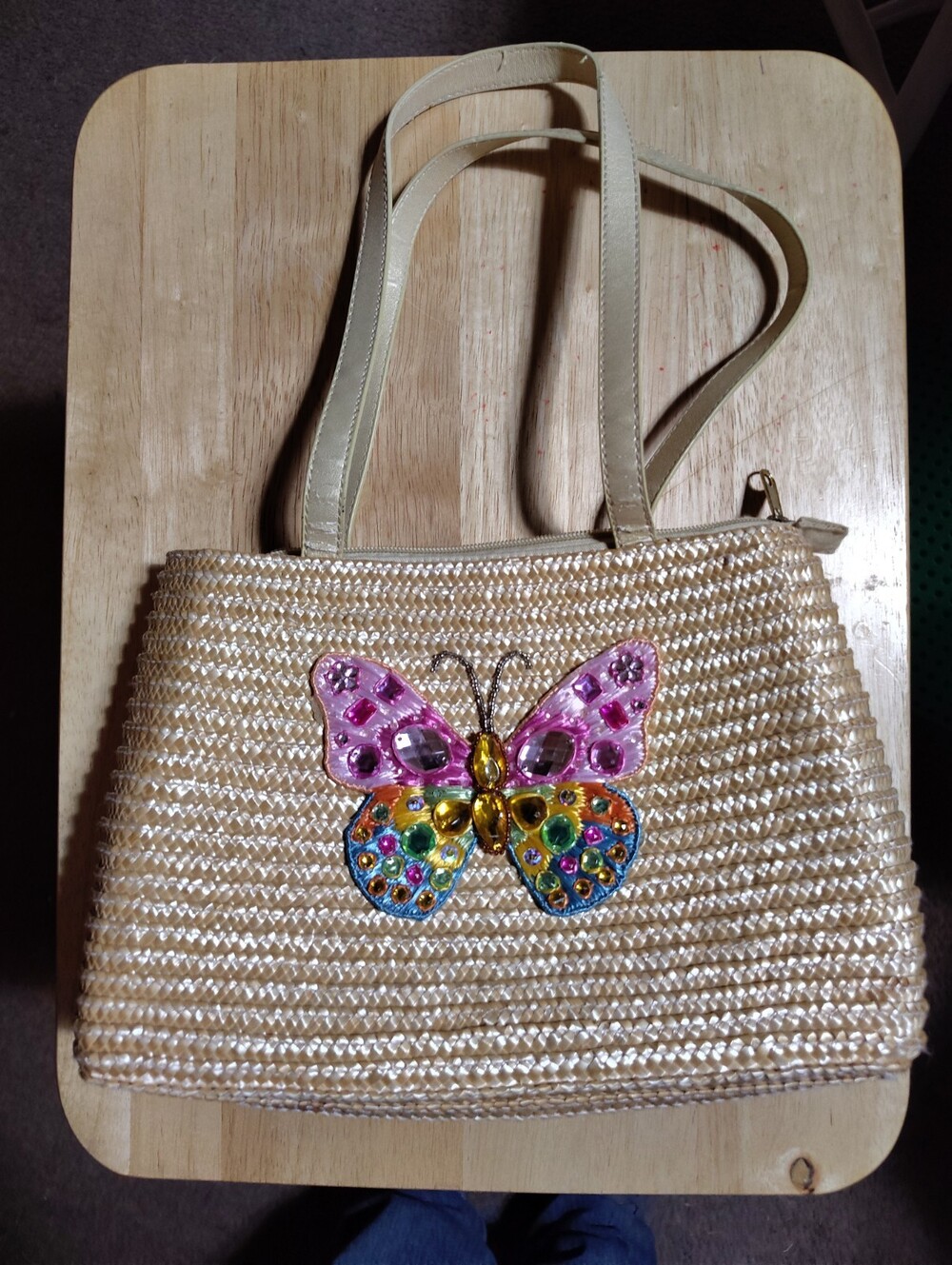 Vtg Cappelli Shoulder Tote Bag S Yellow Straw Colorful Beaded Butterfly Lined